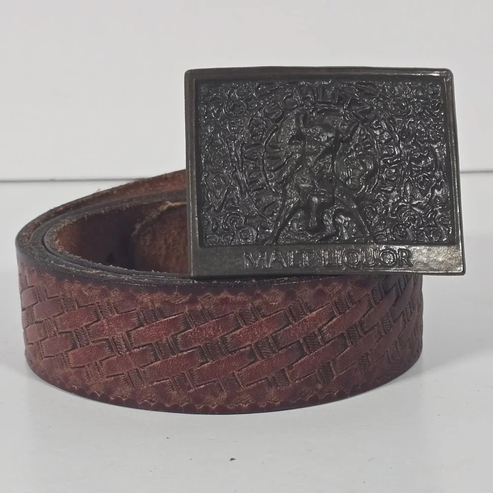 Schlitz Malt Liquor Belt Mens Size 46 Brown Leather Basketweave Vtg Buckle Beer - Picture 2 of 5